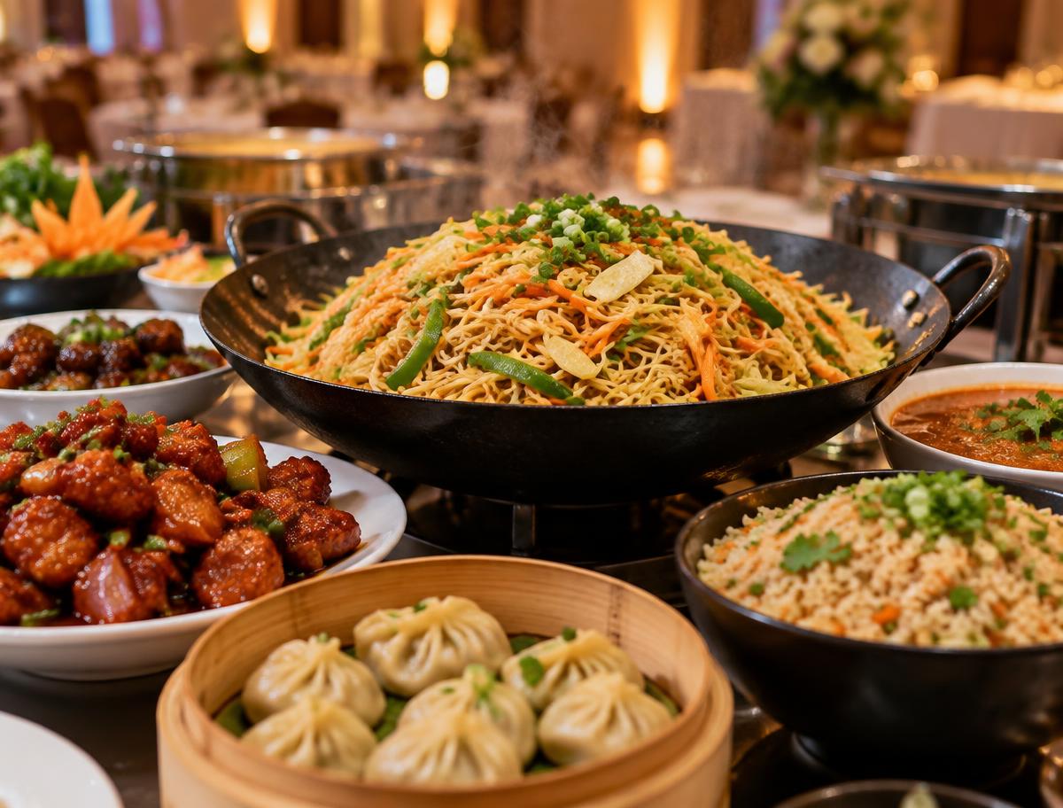 Illustrative Hakka noodles served at a catering event