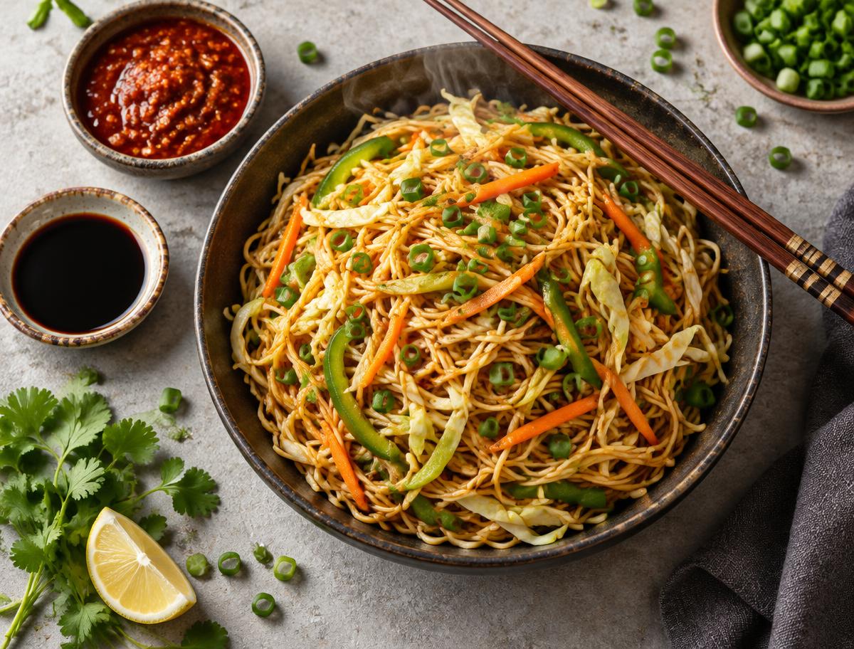 Illustrative Hakka noodles with veg sides